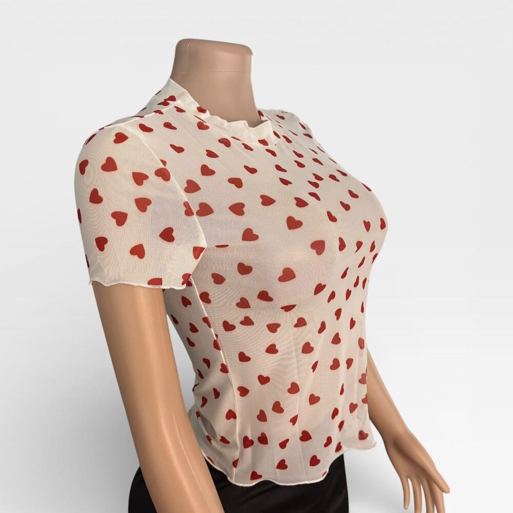 Allover Heart Mock Neck Mesh White Top - Picture 5 of 10